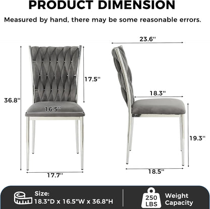 Velvet Dining Chairs Set of 4, Modern Upholstered Kitchen Chairs with Silver Metal Legs, Woven Velvet Fabric and High Back, Dirt Resistance, Easy to Assemble, for Home, Living Room - Dark Grey