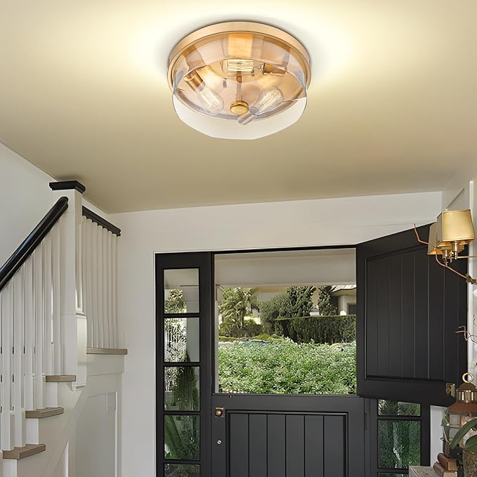 Gold Flush Mount Ceiling Light, 3-Light Hallway Light Fixtures, Modern Farmhouse Farmhouse Ceiling Light Clear Glass Brushed Gold Finish for Kitchen Porch Entryway