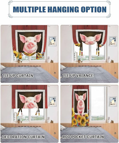 Tie Up Curtains for Windows, Pigs Sunflowers Adjustable Balloon Nature Linen Textured Kitchen Curtain, Farmhouse Red Barn Flowers Animals Decorative Tie Up Curtain for Window, 52" x 45"