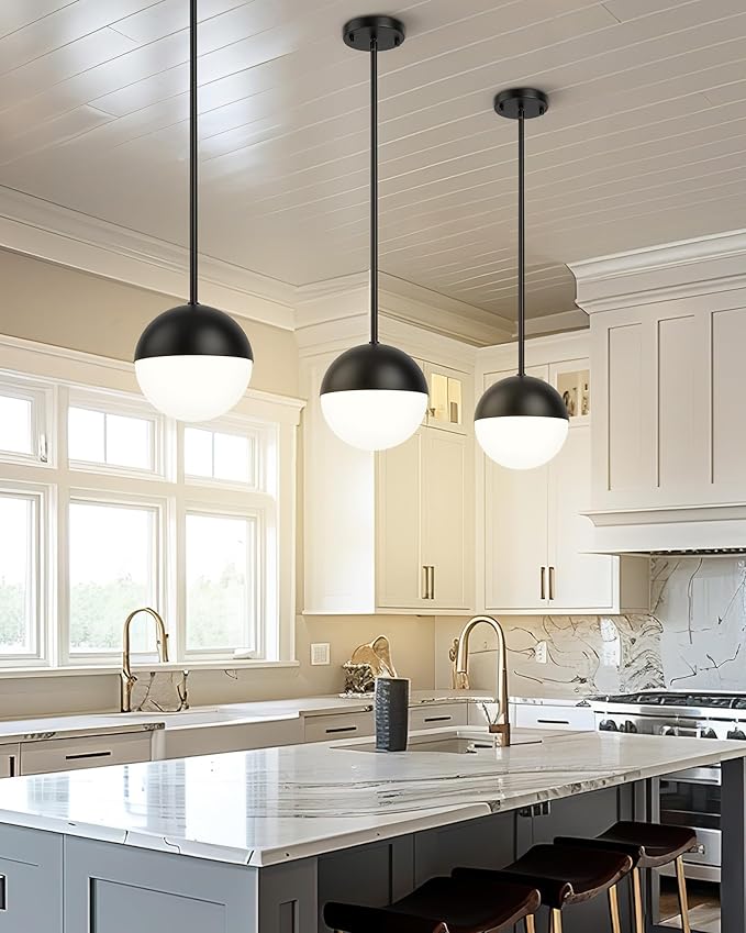 LMS 2 Pack Mid Century Pendant Lights, Matte Black Kitchen Island Light Fixtures with White Globe Glass Shade, Adjustable Hanging Rod Ceiling Light for Home Office Dining Room Bathroom, LMS-186BK2PK