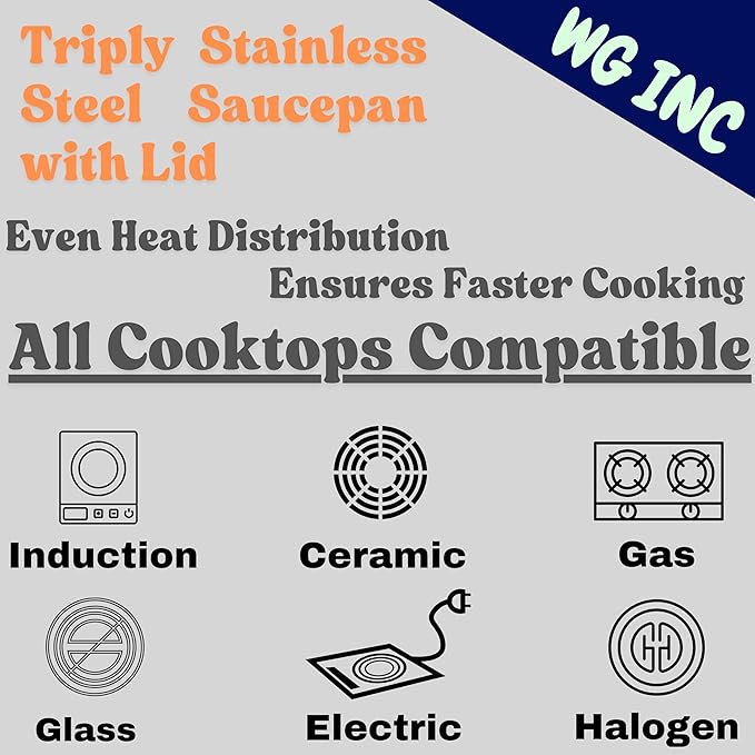 Stainless Steel Saucepan with Lid, 2.5 Quarts Saucier, Induction Cooking Sauce Pot Pans, Heavy Duty Tri-Ply Cookware, All Cooktops Compatible, Oven & Dishwasher Safe