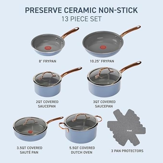 T-fal Preserve Ceramic, Non stick Cookware Set 13-Piece, Made without PFOA and PTFE, Oven & Broiler Safe up to 350°F, Includes Stockpot, Saucepans, Frying Pans, Protectors, Pots and Pans, Blue