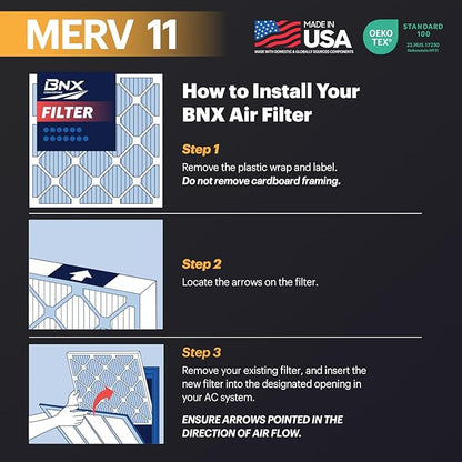 BNX TruFilter 18x18x1 Air Filter MERV 11 (6-Pack) - MADE IN USA - Allergen Defense Electrostatic Pleated Air Conditioner HVAC AC Furnace Filters for Allergies, Dust, Pet, Smoke, Allergy MPR 1200 FPR 7