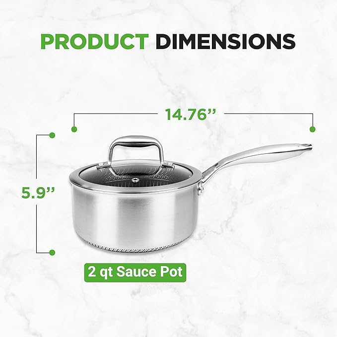 NutriChef 2 QT Stainless Steel Sauce Pot - Triply Kitchenware Sauce Pot with Glass Lid - DAKIN Etching Non-Stick Coating, Scratch-resistant Raised-up Honeycomb Fire Textured Pattern - NutriChef NC3PSP