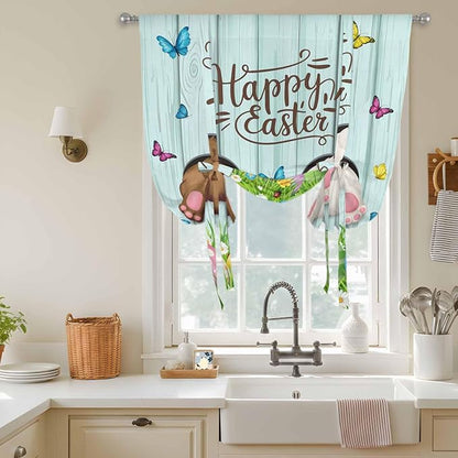 Tie Up Curtains,Happy Easter Bunny Butt Egg Floral Adjustable Rod Pocket Window Shade Curtain Drape Spring Plant on Aqua Wood Tie-Up Valance for Kitchen Bedroom Living Room Windows,42"x54"