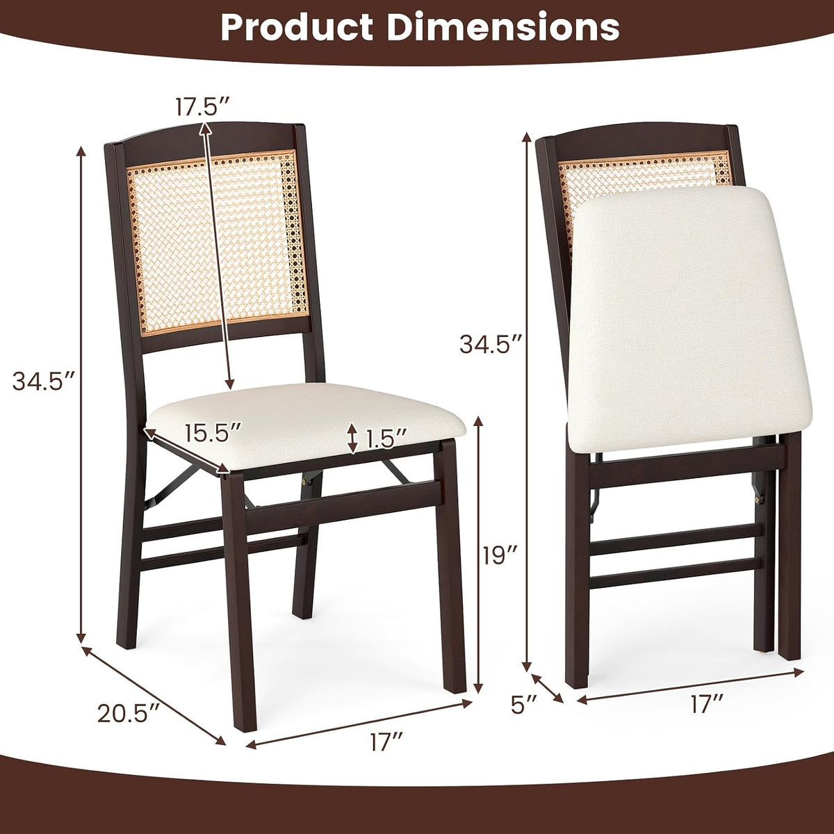 KOTEK Folding Dining Chairs Set of 4, Wooden Kitchen Chairs with Padded Seat & Rattan Backrest, Foldable Armless Side Chairs for Dining Room, Living Room (Espresso & Beige)