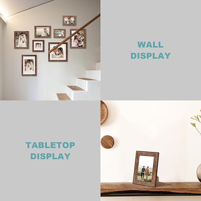 8x12 Picture Frame Set of 4 with High Definition Real Glass, Display 6x8 Pictures with Mat or 8 x 12 Without Mat, Rustic Wood Photo Frames for Tabletop and Wall Mounting
