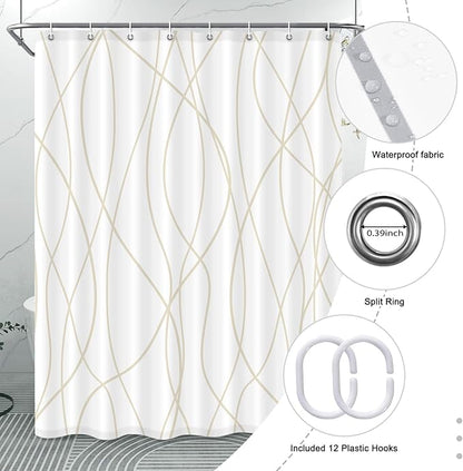 Punkray Beige Khaki Shower Curtain for Bathroom with Hooks, Extra Long Shower Curtain Set Stripe Bath Curtains Decorative White Shower Curtains Weighted Hem Water Repellent Washable, 54 x 72