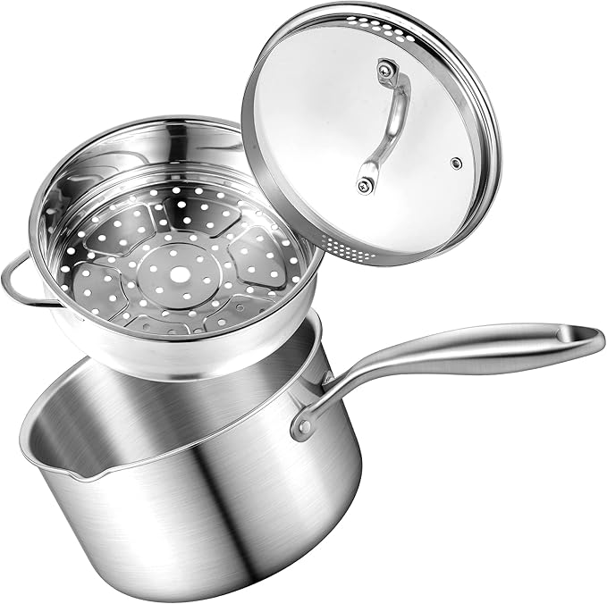1.5 Quart Stainless Steel Saucepan with Steamer Basket, Tri-ply Full Body, Multipurpose Sauce Pot with Two-Size Drainage Holes Lid, Perfect For Boiling Gravies, Pasta, Noodles