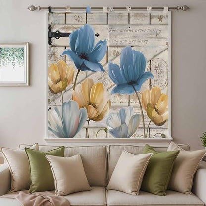 Blue Yellow Tulips Bedroom Curtains 72 Inch Length, Window Curtains Tab Top, Retro Farmhouse Flower Barn Doors Wooden Light Filtering Window Treatments Drapes 52"x72" 2 Panel