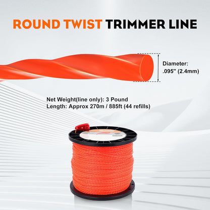 Hipa 095 Inch Trimmer Line,2.4mm/ 0.095" Weed Wacker Eater String, Commercial Grade Round Nylon String Trimmer Line Replacement for String Trimmer Weed Trimmer 3LB, Orange