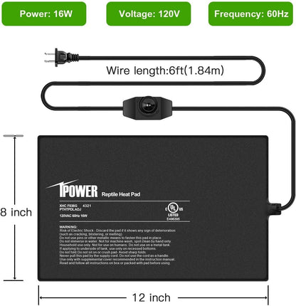 iPower 8 by 12 Inch Reptile Heating Pad with Temperature Adjustable Controller Knob, Under Tank Warmer Terrarium Heat Mat for Reptiles and Amphibians
