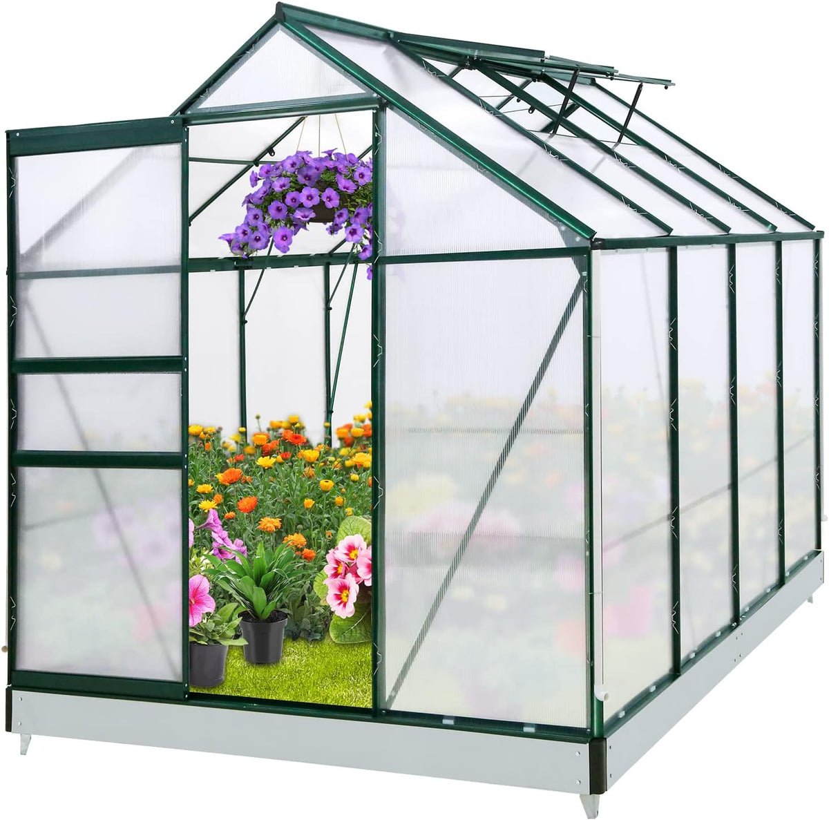 EAGLE PEAK 6x8x7 Outdoor Walk-in Hobby Greenhouse with Adjustable Roof Vent and Rain Gutter, Base and Anchor, Polycarbonate Aluminum Green House for Backyard Garden, Dark Green