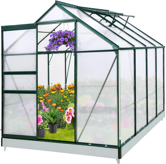EAGLE PEAK 6x8x7 Outdoor Walk-in Hobby Greenhouse with Adjustable Roof Vent and Rain Gutter, Base and Anchor, Polycarbonate Aluminum Green House for Backyard Garden, Dark Green