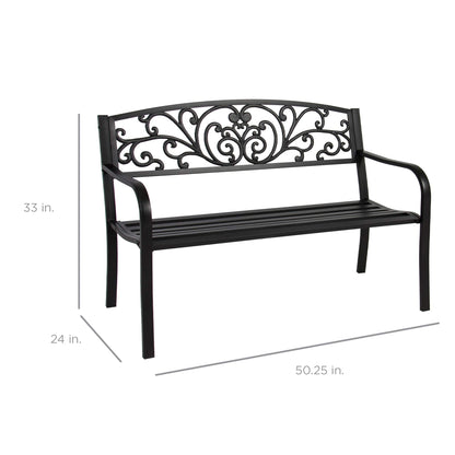 Best Choice Products Outdoor Bench Steel Garden Patio Porch Furniture for Lawn, Park, Deck w/Floral Design Backrest, Slatted Seat - Black