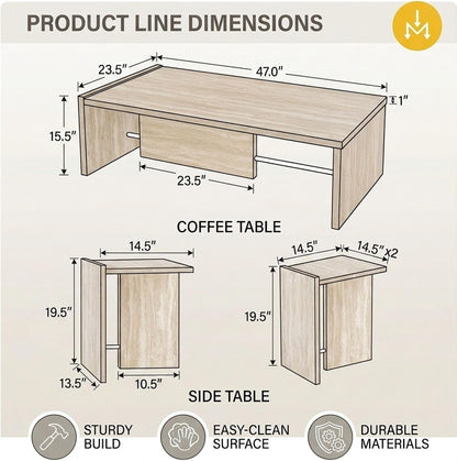 Modern Faux Travertine Coffee Table and End Tables Set of 2, Minimalist Living Room Tables Set with Chrome Support, Beige Stone Pattern Center Table and Side Table for Living Room, Bedroom