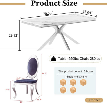 Luxury 7-Piece Dining Room Set, 70 Inch Silver Large Kitchen Table with Oval Velvet Chair, for 4-6 People, Living Room, Kitchen, Home (White Top + 6 Grey Chairs)