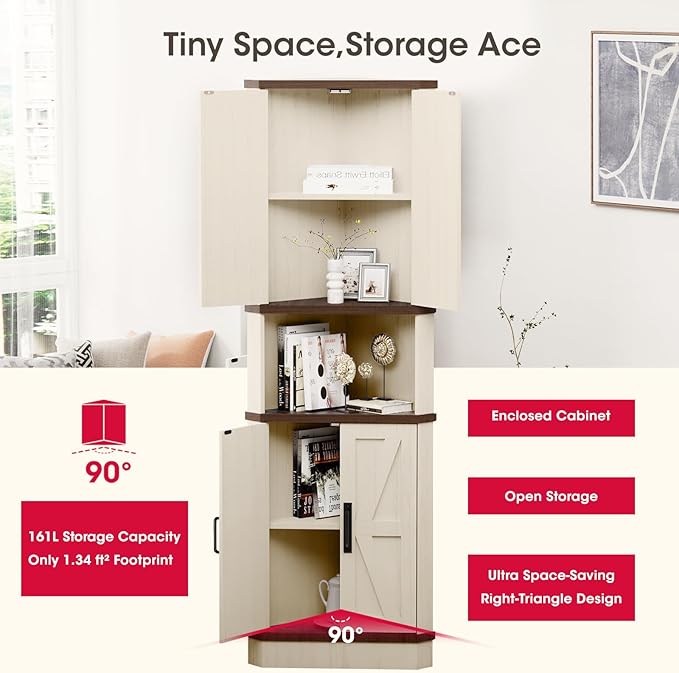 68.5" Tall Farmhouse Corner Cabinet with 4 Doors and 5 Storage Shelves, Farmhouse Storage Cabinet with Barn Door Design, Home Space Saver for Living Room, Kitchen