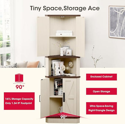 68.5" Tall Farmhouse Corner Cabinet with 4 Doors and 5 Storage Shelves, Farmhouse Storage Cabinet with Barn Door Design, Home Space Saver for Living Room, Kitchen