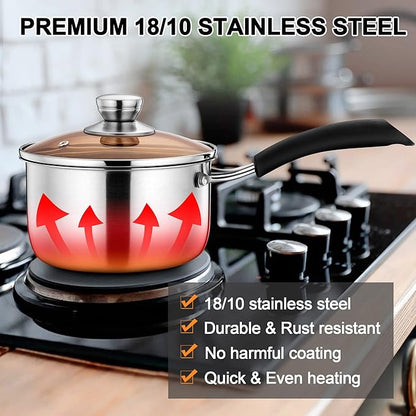LIANYU Saucepan with Lid, 1 Quart and 2 Quart Stainless Steel Saucepan, Small Pot Milk Soup Pan for Home Kitchen Restaurant, Long Heatproof Handle, Dishwasher Safe