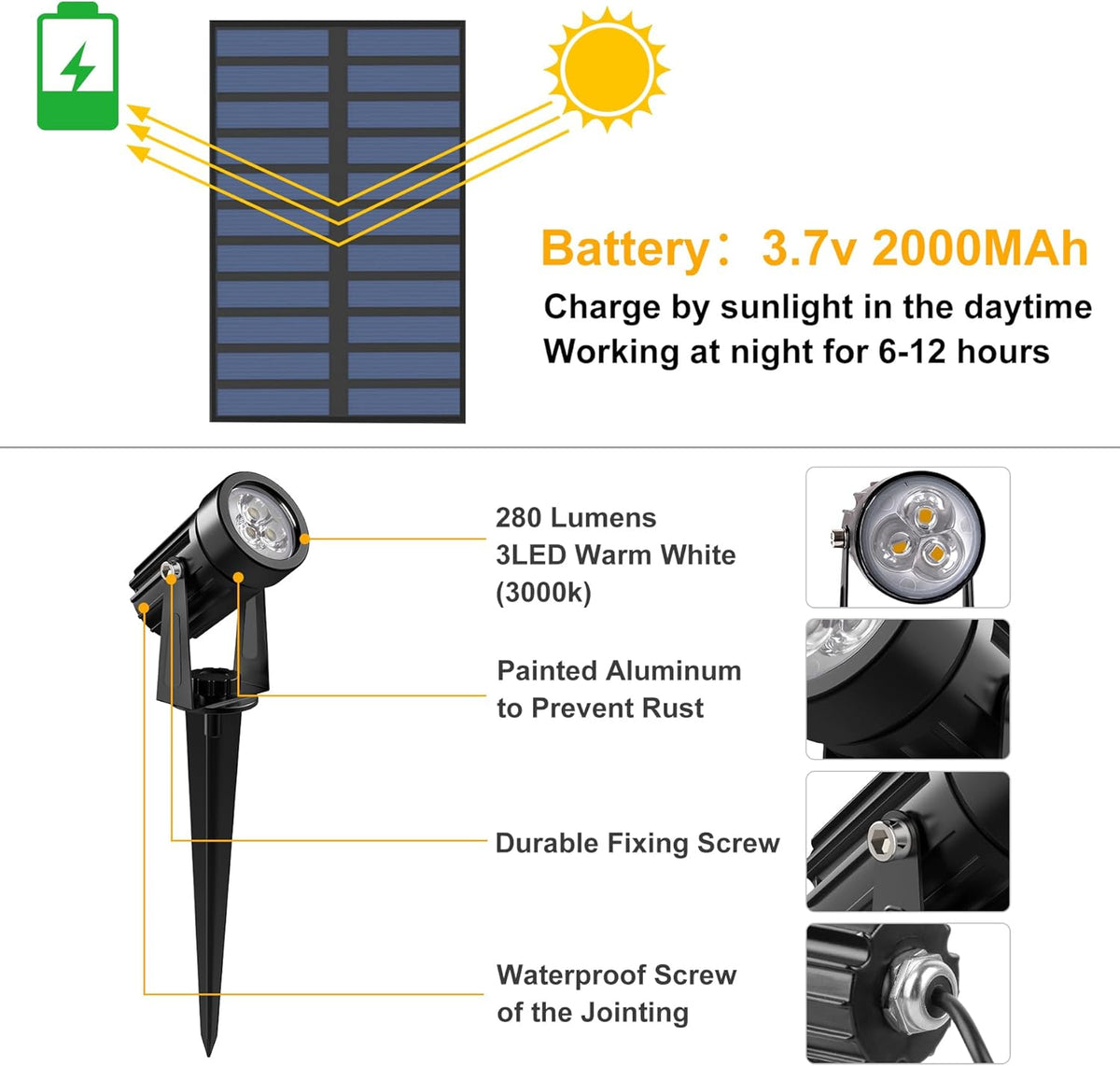 Solar Spot Lights Outdoor, Solar Landscape Spotlights IP65 Waterproof 9.8ft Cable,Auto On/Off Outdoor Wall Lights for Garden Yard Driveway Porch Walkway Pool (3000K Warm White)