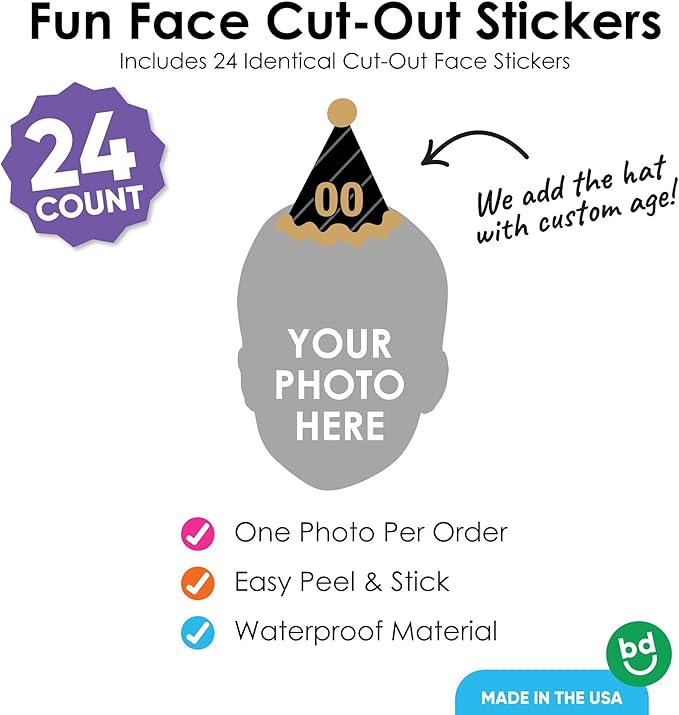 Big Dot of Happiness Custom Photo Adult Happy Birthday - Black & Gold Personalized Birthday Party Favors - Fun Face Cut-Out Stickers - Set of 24