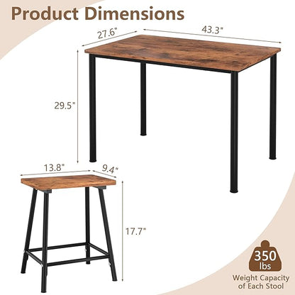 VECELO Kitchen Table and Chairs for 4, Dining Room Set with Chairs/Stools, Heavy-Duty Metal Frame with Wooden Tabletop for Small Spaces, Easy Assembly, Retro Brown