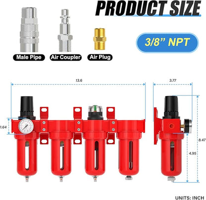 3/8" NPT Industrial Grade 4 Stage Aluminum Air Drying System, Coalescing Filter, Double Particulate Filter, Desiccant Dryer and Air Regulator,Manual Drain For Plasma Cutter and Paint Spray