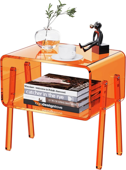 Acrylic Side Table, 2-Tier End Table with Open Storage for Small Spaces, Clear Nightstand Bedside Table with for Bedroom, Living Room (Orange, 16.9" × 11.8“ × 17”)
