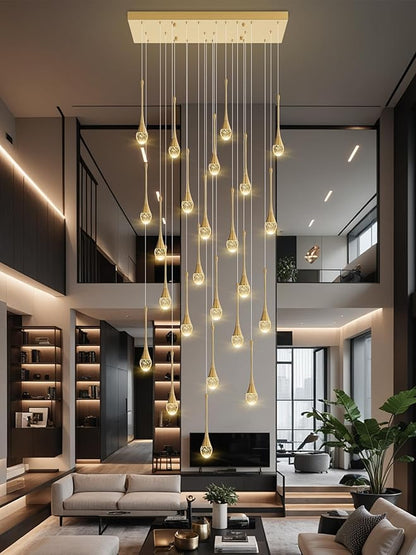 24-Lights Rectangular Chandelier Crystal Raindrop Chandeliers Flush Mount Ceiling Light for Dining Room Living Room High Ceiling Chandelier for Staircase Foyer Entryway Gold Chandeliers