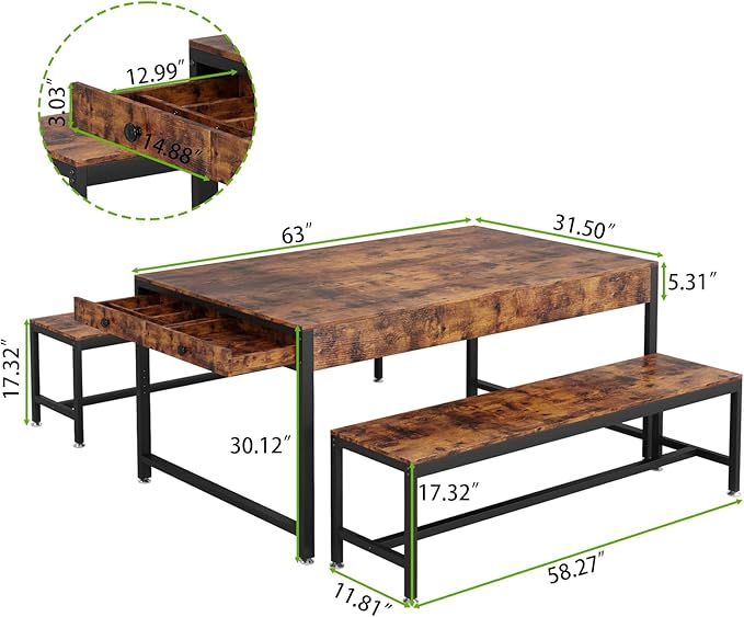 Loomie 63" Dining Table Set for 4-6, 3-Piece Kitchen Table with 2 Utensil Drawers, 2 Benches & Wine Rack, Modern Space Saving & Heavy Duty Dinner Table Set with Metal Frame & MDF Board,Rustic Brown