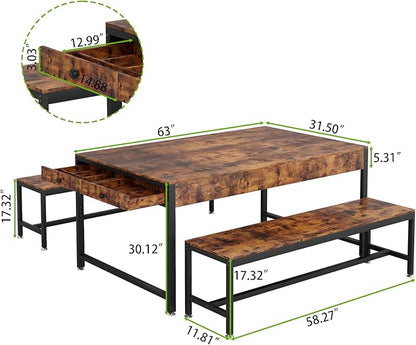 Loomie 63" Dining Table Set for 4-6, 3-Piece Kitchen Table with 2 Utensil Drawers, 2 Benches & Wine Rack, Modern Space Saving & Heavy Duty Dinner Table Set with Metal Frame & MDF Board,Rustic Brown