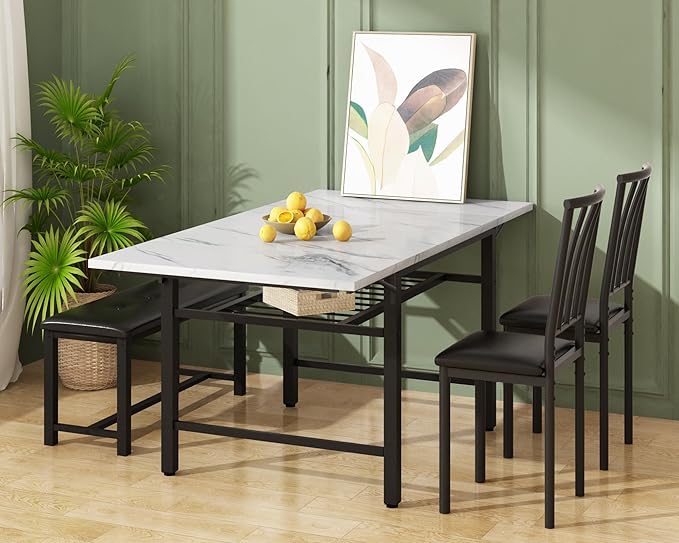 Lamerge 4-Piece Dining Table Set for 3-6 People, 63" Extendable Kitchen Table Set with 1 Bench and 2 Backrest Chairs, Faux Marble Table Square Dining Table Set with Drop Leaf for Small Space