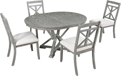 Merax Extendable Round Dining Table Set for 4, Farmhouse Kitchen Table Set with 4 Upholstered Chairs for Kitchen, Dining Room, Living Room, Grey