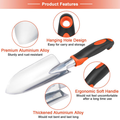 Garden Tools Set, 3 Pack Heavy Duty Gardening Tools Set Include Garden Shovel, Transplant Trowel and Hand Rake with Ergonomic Handle, Aluminum Alloy Lawn for Planting, Orange
