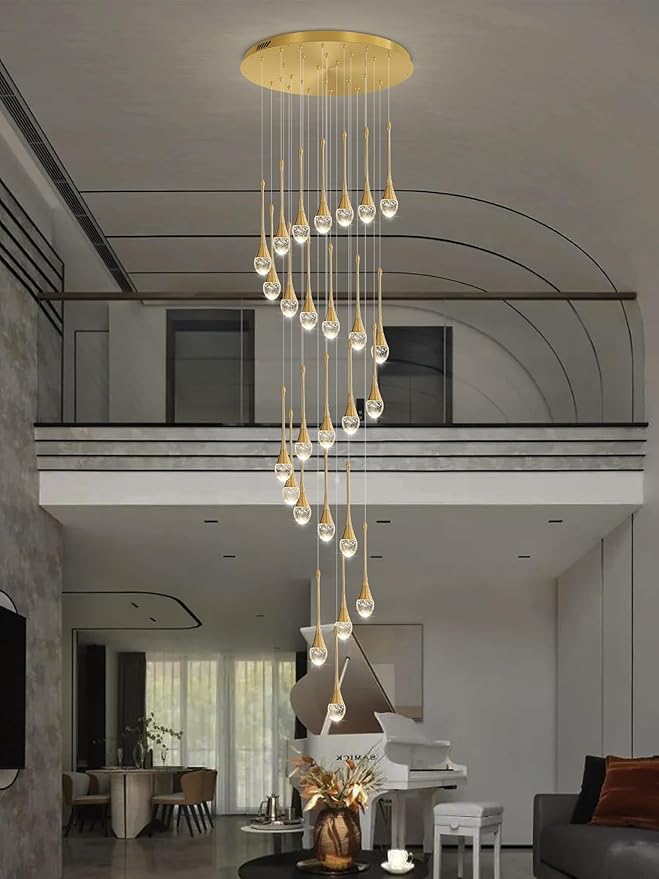 138'' Large Chandeliers for Living Room Modern Crystal Gold Chandeliers Spiral Staircase Pendant Light High Ceiling Lamp Fixture for Foyer Entrance Dimmable 2700-6000K
