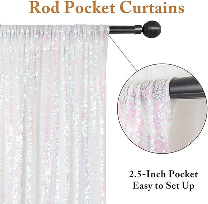 ShinyBeauty 2PCS 4x7FT Iridescent White Sequin Backdrops| Sparkle Photo Background for Parties & Events | Elegant & Durable Shimmer Backdrop Curtain Panels
