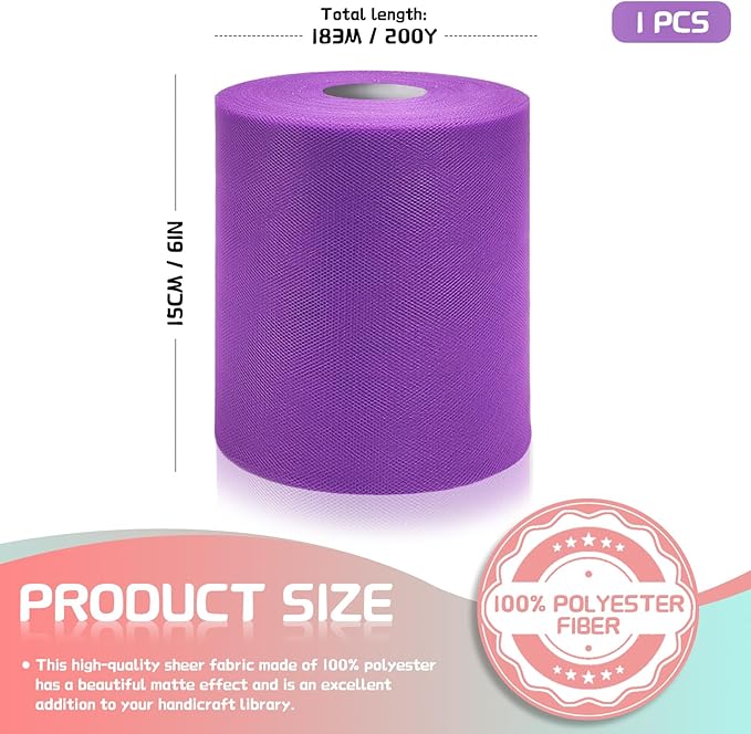 6" x 200 Yards Deep Purple Tulle Fabric Rolls, Purple Spool Tulle Ribbon for DIY Tutu Skirt Wedding Decoration Baby Shower Birthday Party Backdrop Gift Wrapping Bow Craft Supplies