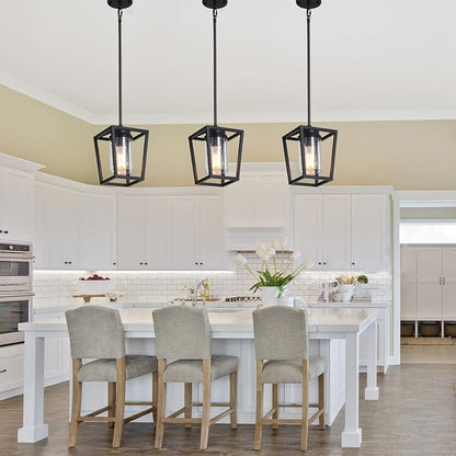 SGLfarmty 1-Light Black Pendant Lights Kitchen Island, Farmhouse Cage Metal Hanging Light Fixtures with Glass Shade，Adjustable Lantern Pendant Lighting for Dining Room, Entryway, Hallway