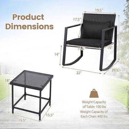 Tangkula 3 Pieces Outdoor Rocking Chairs Set, Rattan Heavy Duty Cushioned Rocker Chairs with Cushions, Pillows, Tempered Glass Table, Metal Frame for Garden, Balcony, Backyard (Black)