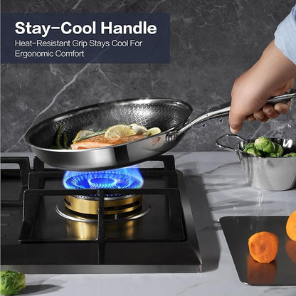 Non Stick Frying Pan Set, 8, 10 and 12-Inch Hybrid Non Toxic Fry Skillet with Lids, Dishwasher and Oven Safe, Induction Ready, Silver Kitchen Cookware set (7-Piece Pan Set)