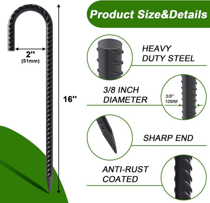 AAGUT 16 Inch 8 Pack Rebar Stakes 3/8" Heavy Duty J Hook Chain Link Fence Stakes with Chisel Point End Steel Ground Anchors for Tent and Outdoor Decorations, Black Coated