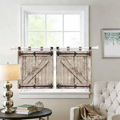 Farmhouse Wood Grain Kitchen Curtains 36 Inch Length, Small Window Curtains Tab Top, Vintage Country Barn Gate Brown Light Filtering Short Window Treatments Tier Drapes 27.5"x36" 2 Panel