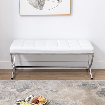 DUOMAY Modern Tufted Ottoman Bench, 45.75" W x 16.5" D x 19.25" H, White | PU Leather Upholstered, Button Tufted, Footrest Stool Vanity Seat, X Metal Legs