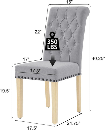 LOULENS Fabric Dining Chairs Set of 2, Modern Linen Upholstered Parson Chairs with Button Tufting and Solid Wood Legs for Kitchen & Dining Room, Light Gray