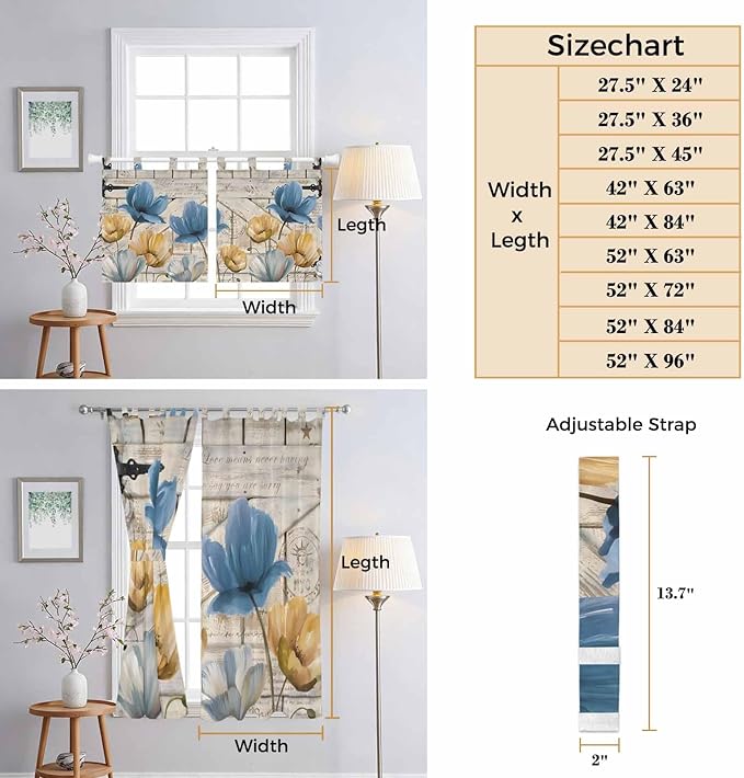 Blue Yellow Tulips Bedroom Curtains 63 Inch Length, Window Curtains Tab Top, Retro Farmhouse Flower Barn Doors Wooden Light Filtering Window Treatments Drapes 42"x63" 2 Panel