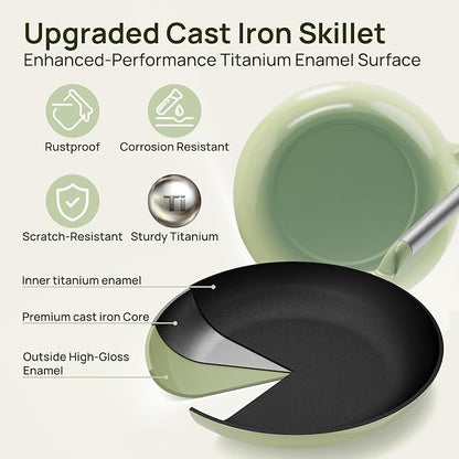 KOKHUB Non Toxic Frying Pan Set 3 Piece, Titanium Enameled Cast Iron Skillets, 8" 9.5" 11" Non Stick PFOA Free Cooking Pans, Dishwasher & Oven Safe Cookware, All Cooktops Compatible, Sage Green