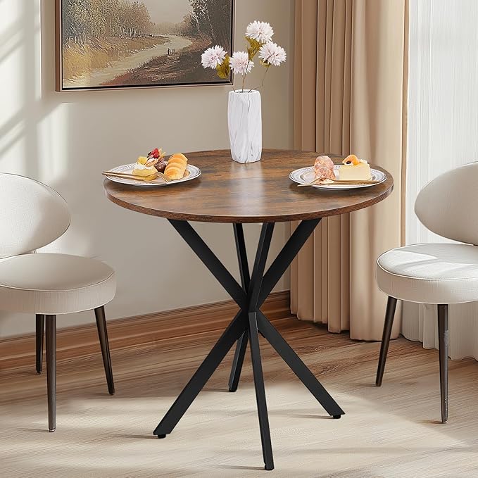 Unovivy 31.5" Small Round Dining Table for 2-4, Space Saving Circle Kitchen Dinner Table, Industrial Mid Century Modern Dining Room Desk for Kitchen, Apartment, Rustic Brown