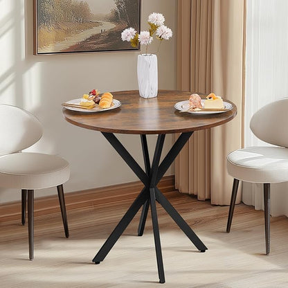 Unovivy 31.5" Small Round Dining Table for 2-4, Space Saving Circle Kitchen Dinner Table, Industrial Mid Century Modern Dining Room Desk for Kitchen, Apartment, Rustic Brown