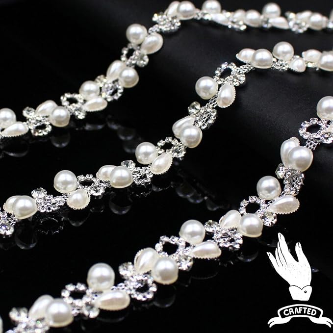 2 Yard Pearl Chain Silver Rhinestone Trim String Crystal Applique Fringe Ribbon Strips Beads Sewing Dress DIY Party Wedding Bouquet for Decoration Bridal Costume Embellishment